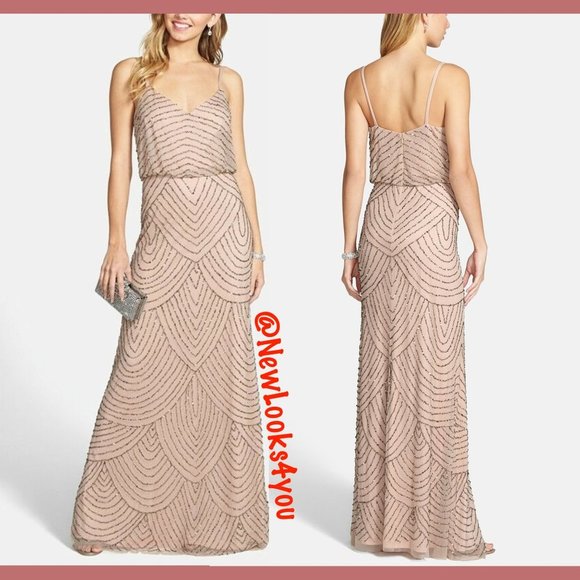 NEW Adrianna Papell‎ Art Deco Beaded Blouson Gown in Taupe Pink [SZ 10 12 14 ] - Picture 4 of 11